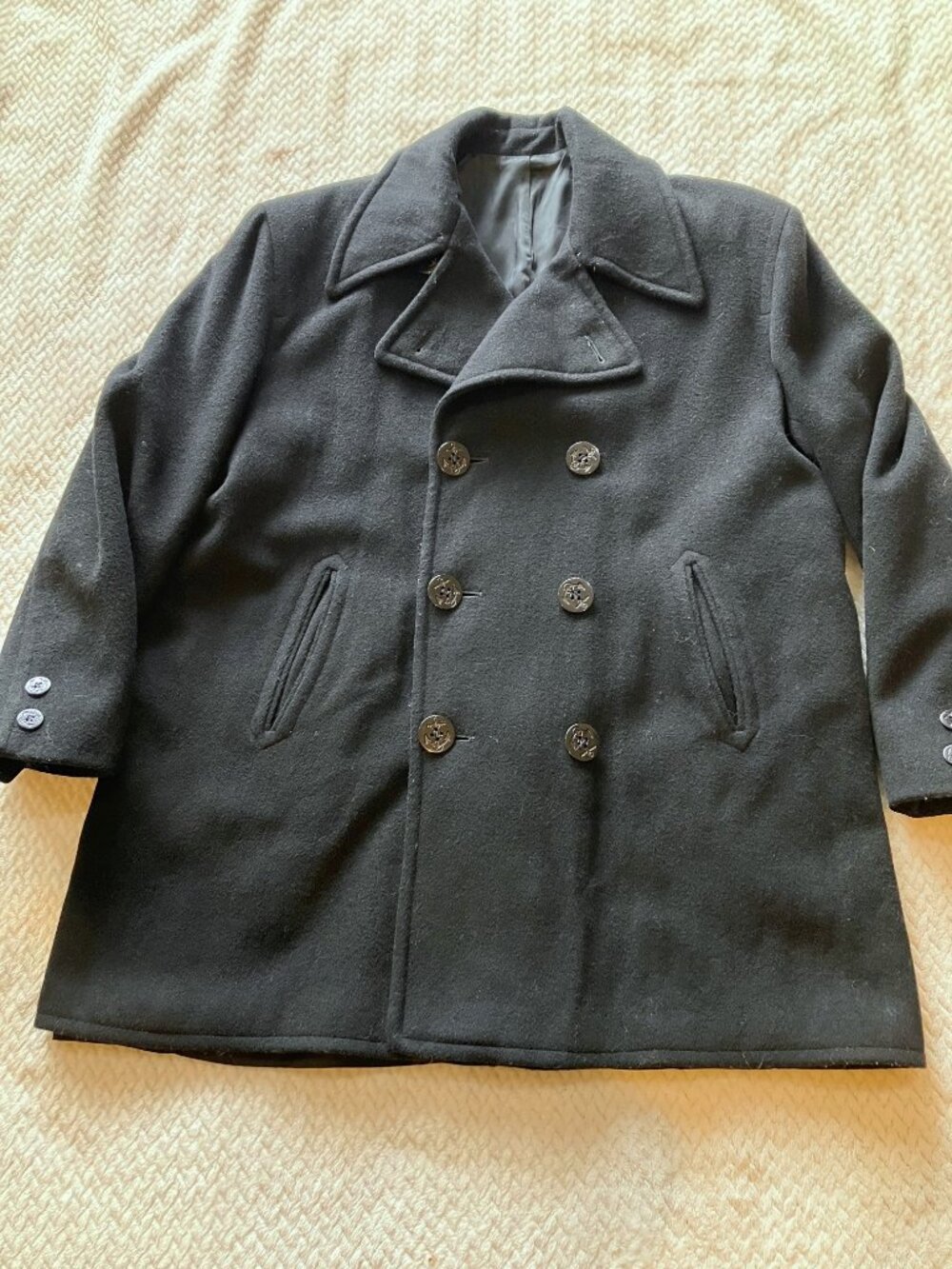 Vintage John Weitz Forstmann Wool Peacoat Mens 46 Black Double Breasted Nautical - Picture 2 of 15